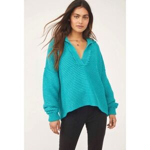 Free People 'Marlie' Ribbed-Knit Pullover Sweater, Mar Chiquita (Teal)